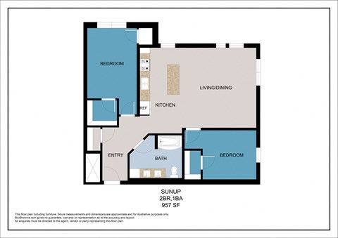 Floor plan for 2 beds, 1 bath, 957 sqft
